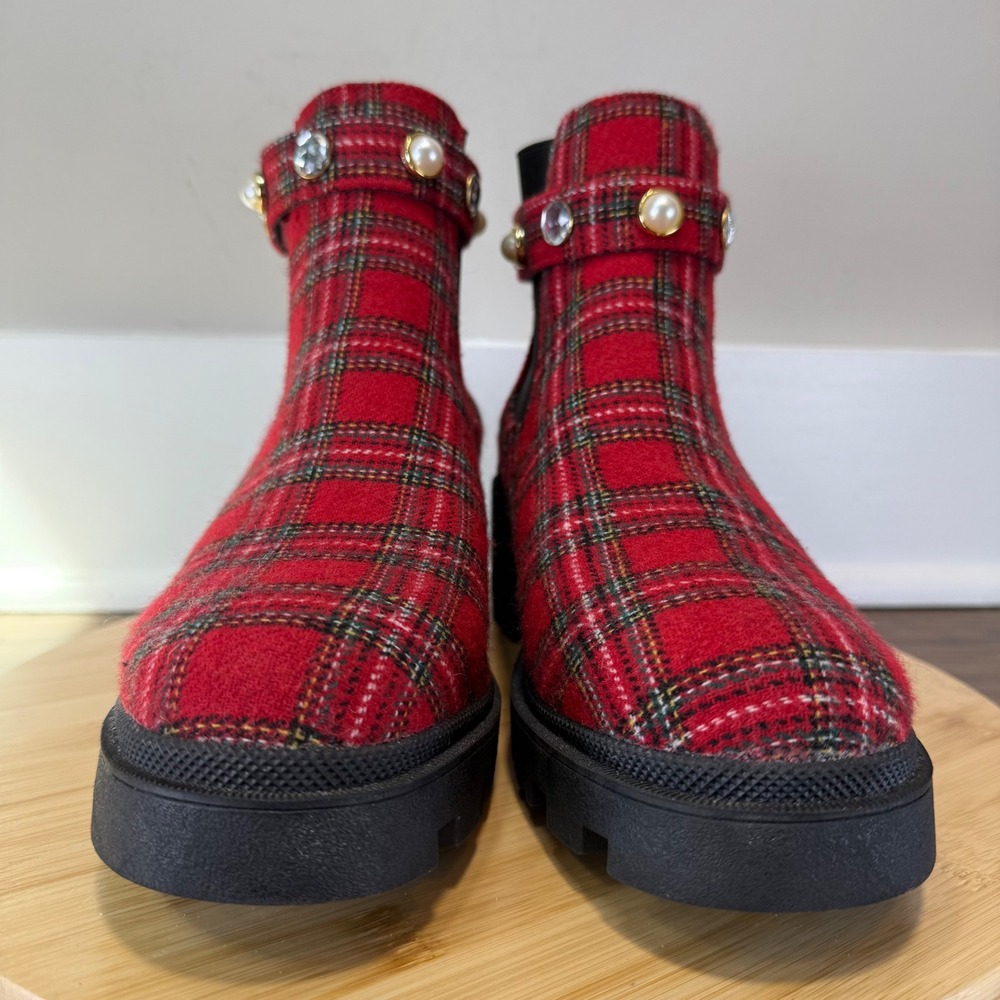 Excellent Sugar Favorite Chelsea Boots Womens 10 Red Plaid Pearl Rhinestone Lug - Picture 2 of 9